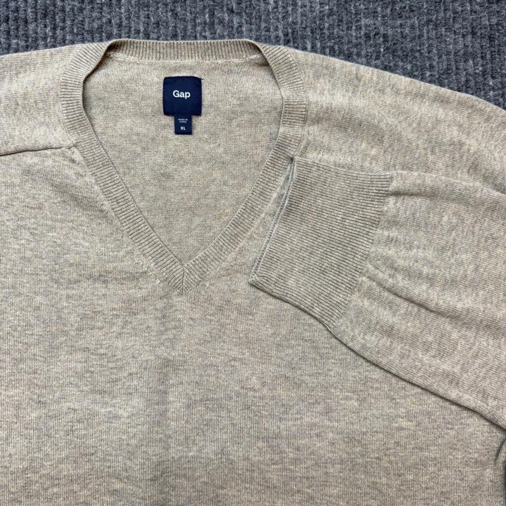 Gap Mens XL‎ Tan Beige Cotton V Neck Pullover Sweater